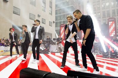 FILE - One Direction members, from left, Harry Styles, Louis Tomlinson, Zayn Malik, Niall Horan and Liam Payne perform on NBC's "Today" show, Nov. 13, 2012 in New York. (Photo by Charles Sykes/Invision/AP, File)