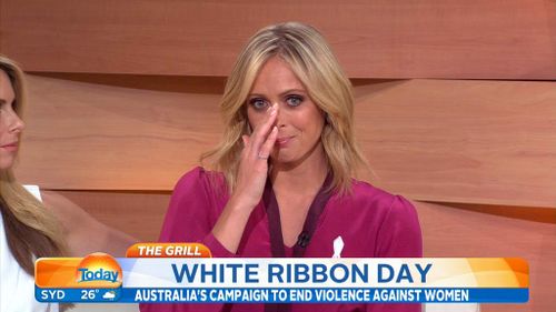 TODAY host, Sylvia Jeffreys, wipes away tears for her friend Rachelle Yeo, who was stabbed to death by her ex-boyfriend. (9NEWS)