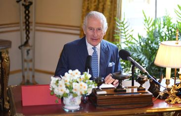 The UK&#x27;s King Charles III records his audio message for the Royal Maundy Service in the 18th Century Room at Buckingham Palace in mid-March 2024