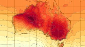 Weather map shows large patches of extreme heat over multiple states including WA, Vic, NSW, and ACT.