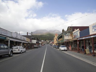Queenstown, Tasmania: April 03, 2019: Orr Street is in the retail centre of Queenstown with hotels, shops and restaurants.
