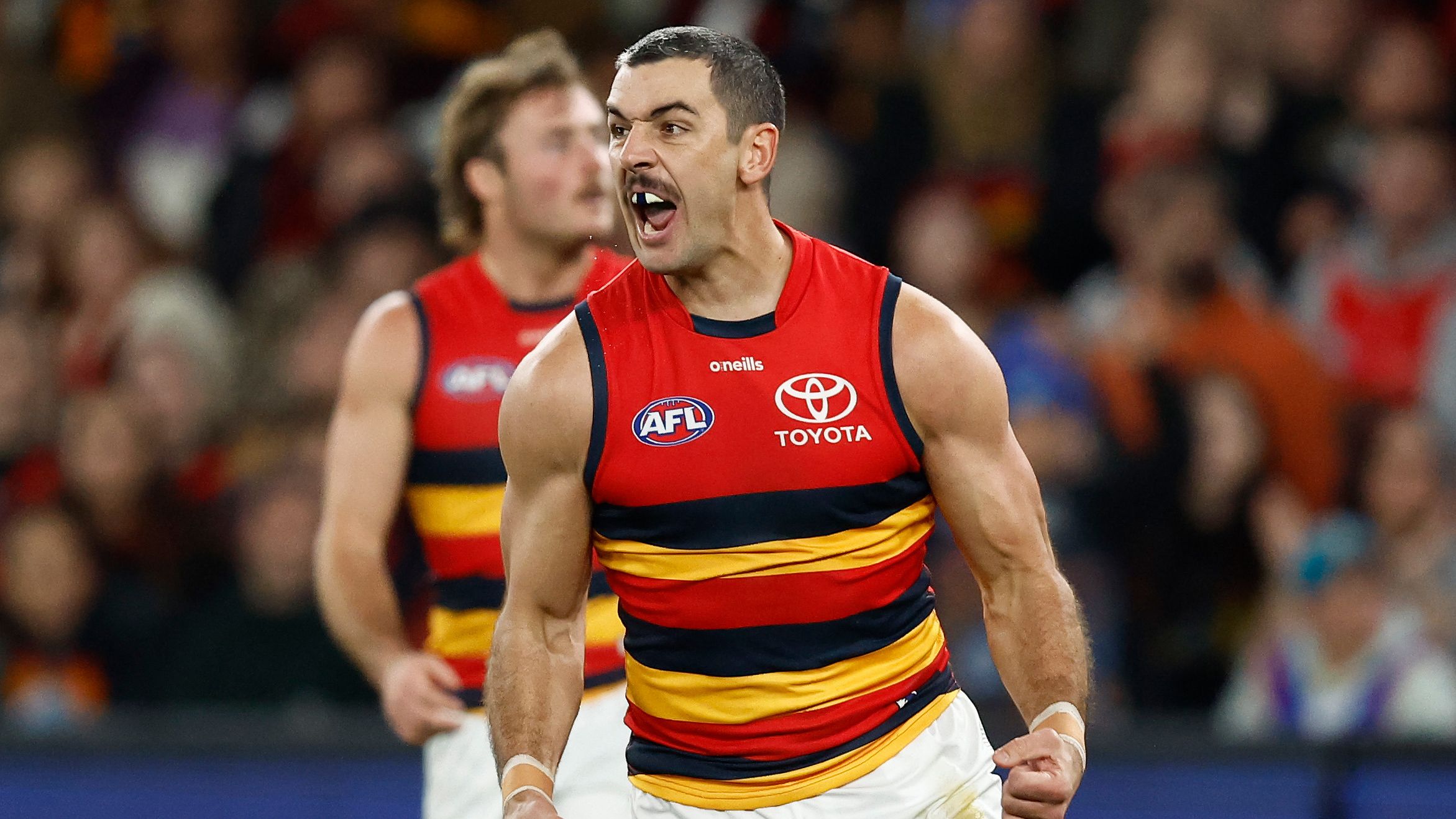 MELBOURNE, AUSTRALIA - JULY 09: Taylor Walker of the Crows celebrates a goal during the 2023 AFL Round 17 match between the Essendon Bombers and the Adelaide Crows at Marvel Stadium on July 9, 2023 in Melbourne, Australia. (Photo by Michael Willson/AFL Photos via Getty Images)