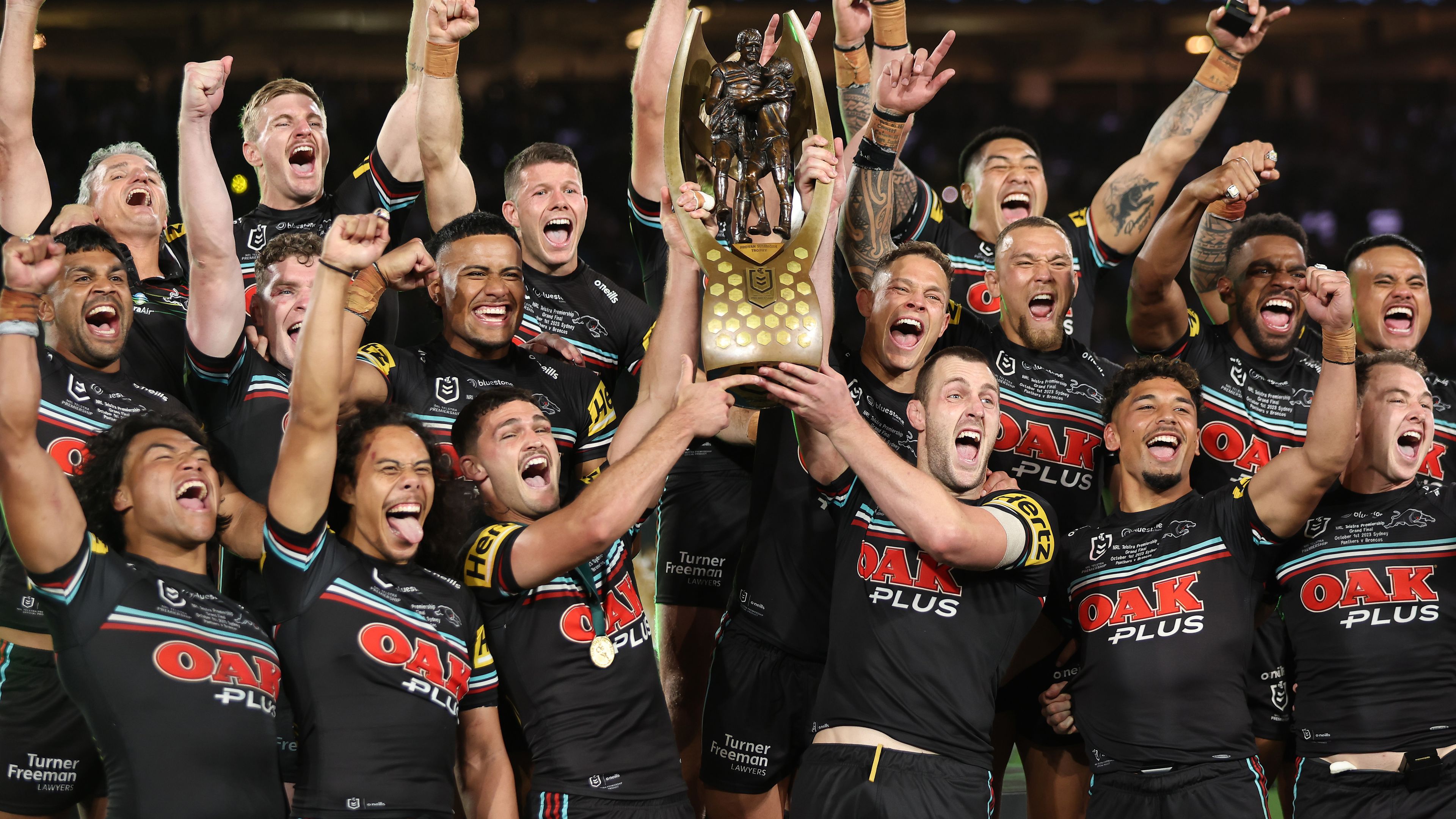 The Penrith Panthers celebrate winning the 2023 NRL grand final.