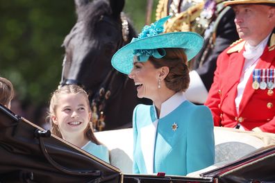 LONDON, ENGLAND - JUNE 14: Catherine, Princess of Wales and Princess Charlotte of Wales during Trooping The Colour 2025 on June 14, 2025 in London, England. Trooping The Colour is a ceremonial parade celebrating the official birthday of the British Monarch. The event features over 1,400 soldiers and officers, accompanied by 200 horses. More than 400 musicians from ten different bands and Corps of Drums march and while performing. (Photo by Neil Mockford/Getty Images)