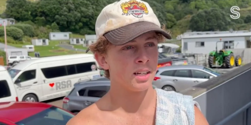 Sonny Worrall, from Newcastle Australia, described how escaped a caravan that crashed through a wall into the pool he was in during the Mount Maunganui landslide. Photo: Tony Wall/Stuff