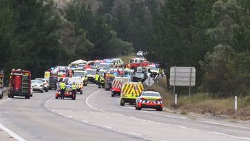 T﻿wo people have died and three children are among the 12 injured in a horror crash in the New South Wales Central Tablelands. A large emergency services contingent was called to the Great Western Highway at Wallerawang, about 15km north of Lithgow, after five cars collided.