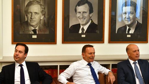 Minister for Defence Industry Steve Ciobo, Former prime minister Tony Abbott and Minister for Home Affairs Peter Dutton at a Coalition party room meeting at Parliament House in Canberra, Tuesday, September 11, 2018.