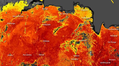 The sweltering temperatures in Siberia are captured in this satellite image.