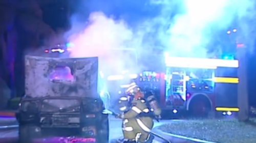 Emergency crews responded to the burning ute. (9NEWS)