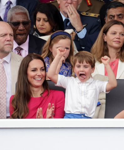 Catherine, Duchess of Cambridge and Prince Louis of Cambridge during the Platinum Pageant on June 05, 2022 in London, England.  