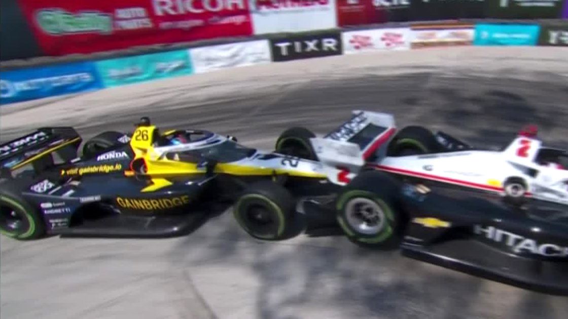 Colton Herta (No.22) hits the back of Josef Newgarden (No.2) causing his car to stall. 