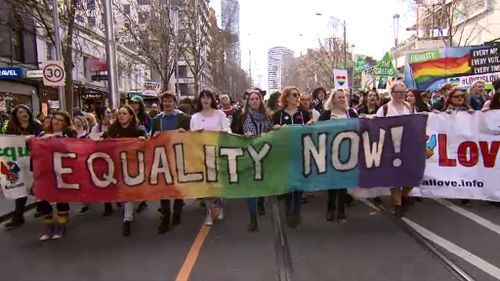 Thousands marched in Melbourne for marriage equality. (9NEWS)