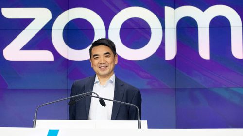 Zoom CEO Eric Yuan attends the opening bell at Nasdaq as his company holds its IPO in New York in April 2019