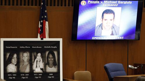 The pictures of the victims (L) and of Michael Gargiulo are shown during the opening statements of Michael Gargiulo's trial at the Clara Shortridge Foltz Criminal Justice Center in Los Angeles, California.