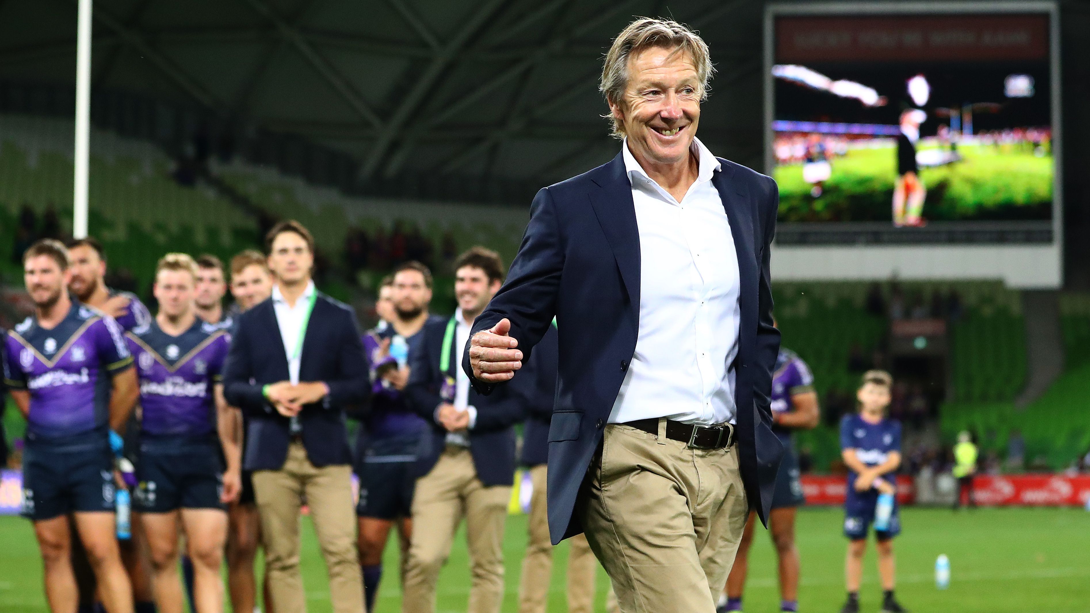Craig Bellamy, Head Coach of the Storm reacts after coaching his 500th NRL game.
