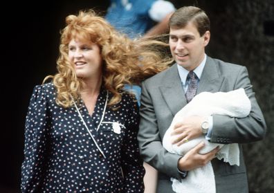 The Duke and  Duchess of York leaving Portland Hospital in London with their first child four-day old Princess Beatrice. 