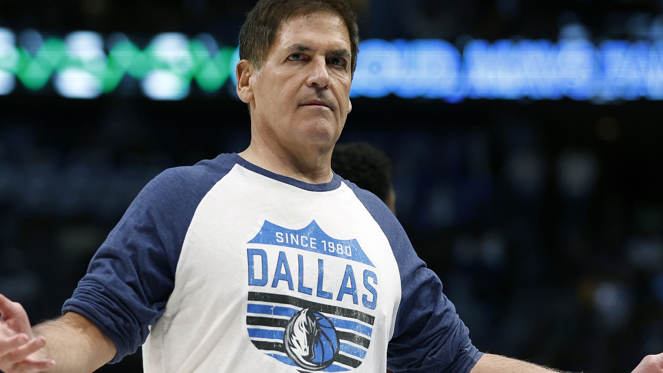 DALLAS, TEXAS - MARCH 22: Dallas Mavericks owner Mark Cuban reacts during a timeout in the game against the Golden State Warriors at American Airlines Center on March 22, 2023 in Dallas, Texas. NOTE TO USER: User expressly acknowledges and agrees that, by downloading and or using this photograph, User is consenting to the terms and conditions of the Getty Images License Agreement. (Photo by Tim Heitman/Getty Images)