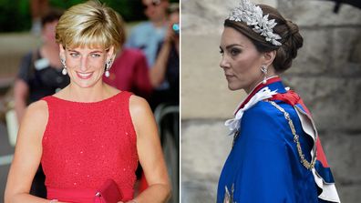 Catherine, Princess of Wales, wears pearl earrings that belonged to the late Diana, Princess of Wales.