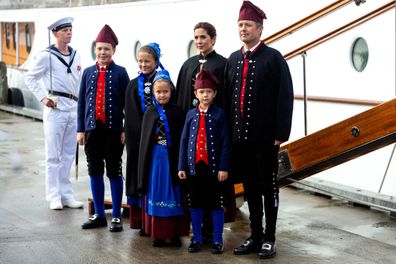 Crown Prince Frederik and Crown Princess Mary together with their four children during arrival with the Royal ship Dannebrog for a four days official visits on August 23, 2018 in Torshavn, Denmark. 