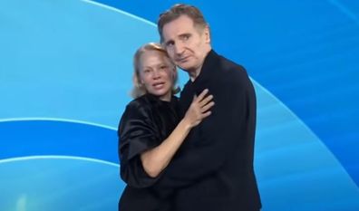 Pamela Anderson and Liam Neeson SciP A Kiss on the US Today Show