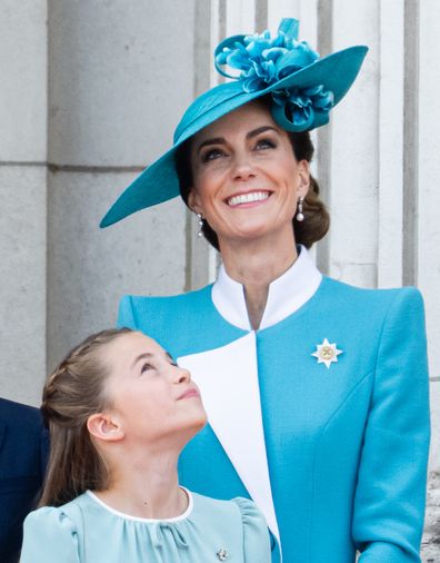 LONDON, ENGLAND - JUNE 14: Princess Charlotte of Wales and Catherine, Princess of Wales during Trooping The Colour 2025 on June 14, 2025 in London, England. Trooping The Colour is a ceremonial parade celebrating the official birthday of the British Monarch. The event features over 1,400 soldiers and officers, accompanied by 200 horses. More than 400 musicians from ten different bands and Corps of Drums march and while performing. (Photo by Samir Hussein/WireImage)