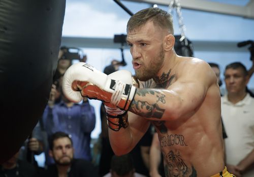 Conor McGregor trains during a media workout in Las Vegas. (AAP)