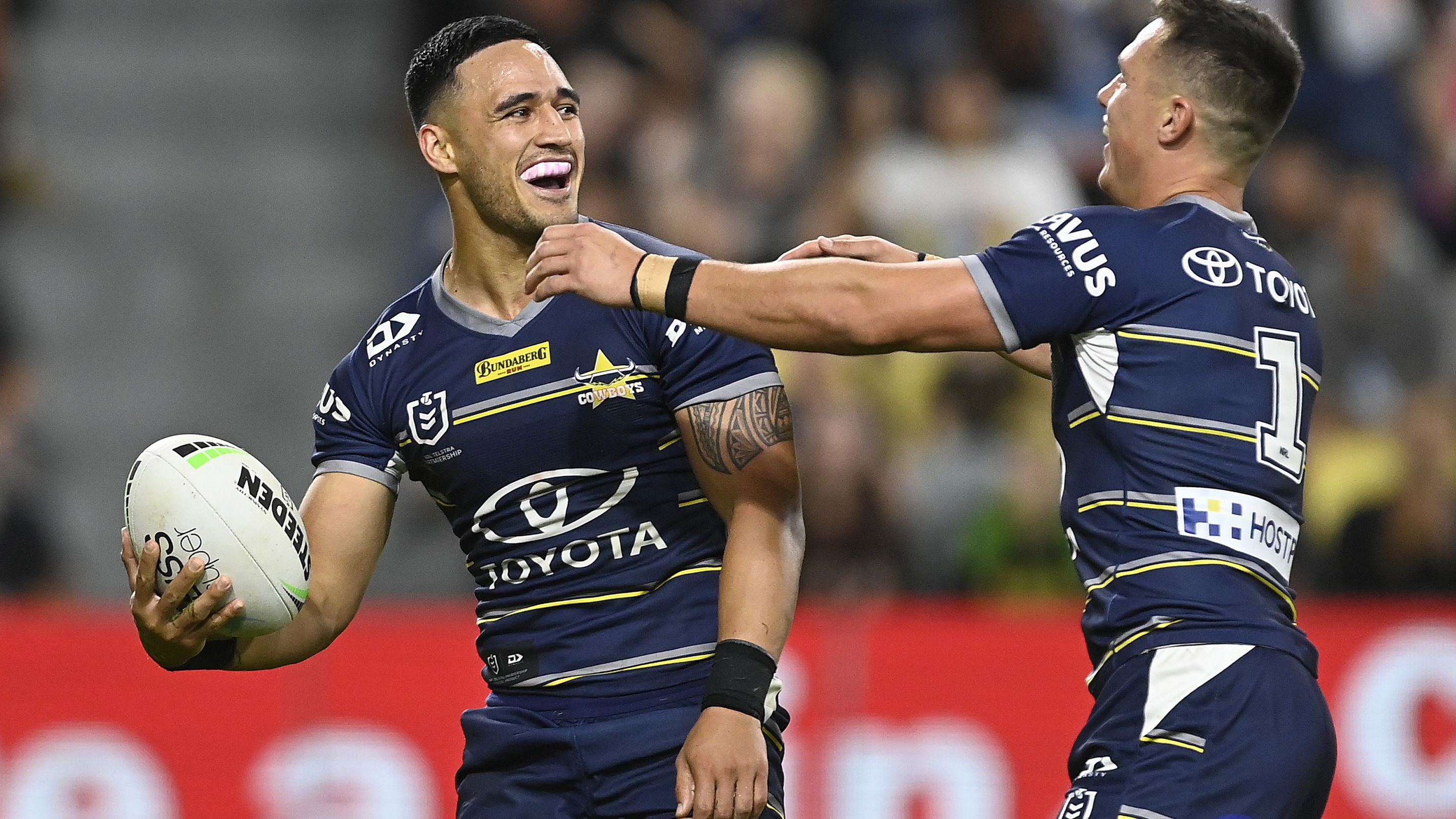 Valentine Holmes of the Cowboys celebrates after scoring a try during the round 25 NRL match between the North Queensland Cowboys and the Penrith Panthers at Qld Country Bank Stadium, on September 03, 2022, in Townsville, Australia. 