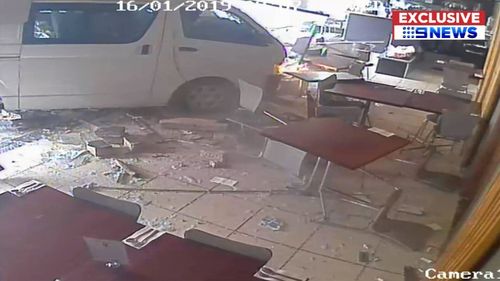 Exclusive video shows the moment the van smashed through the restaurant.
