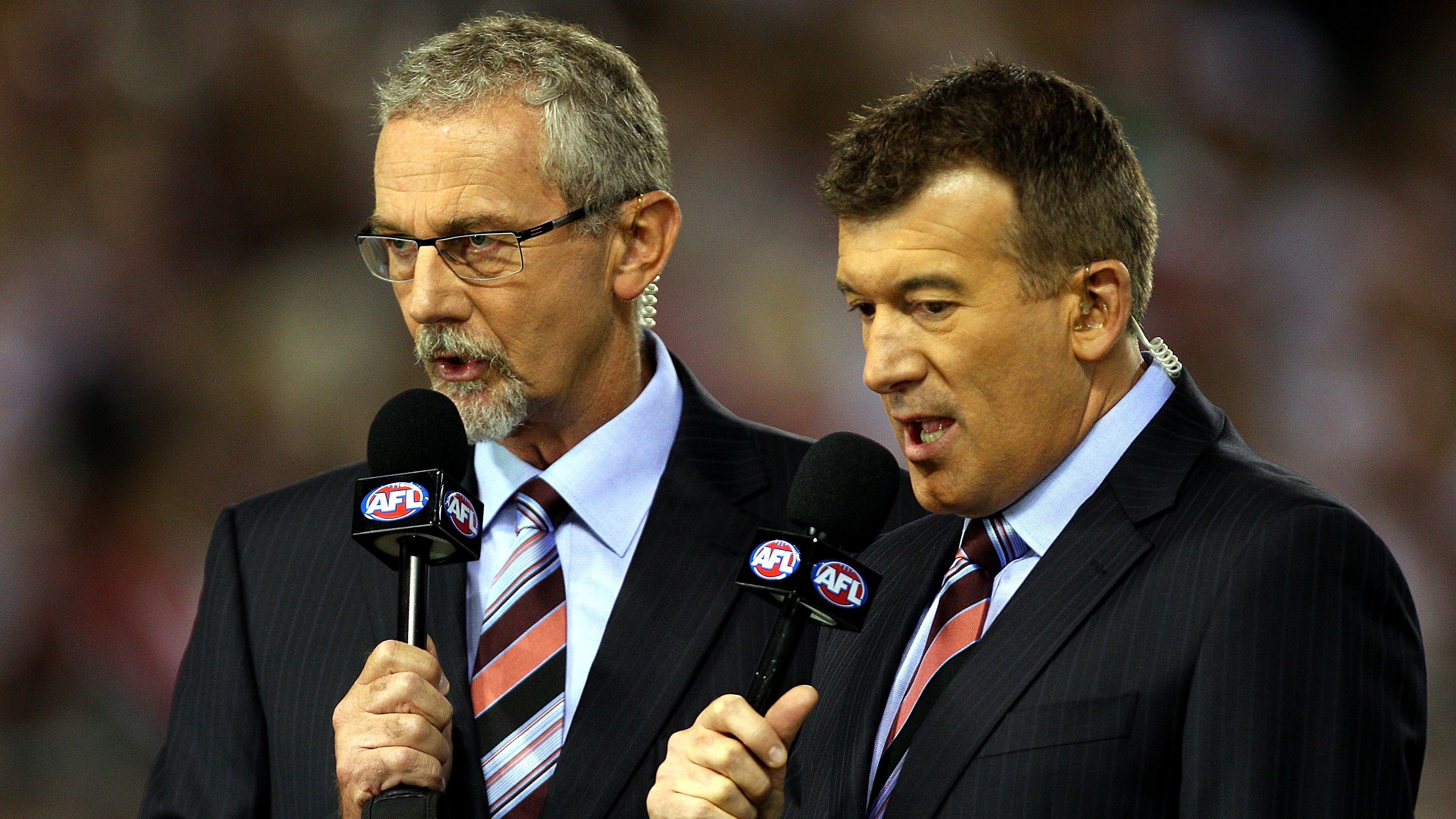 Robert Walls and Stephen Quartermain commentate during Channel Ten&#x27;s coverage of the AFL.