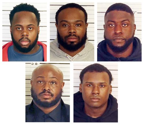 This combo of booking images provided by the Shelby County Sheriff's Office shows, from top row from left, Tadarrius Bean, Demetrius Haley, Emmitt Martin III, bottom row from left, Desmond Mills, Jr. and Justin Smith. The five former Memphis police officers have been charged with second-degree murder and other crimes in the arrest and death of Tyre Nichols, a Black motorist who died three days after a confrontation with the officers during a traffic stop, records showed Thursday, Jan. 26, 2023. 