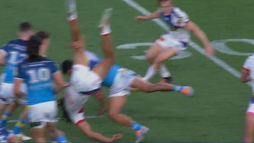 Titans player Brian Kelly was sent off for this lifting tackle on Knights winger Dom Young.