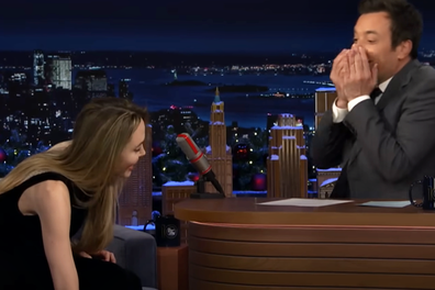 Angelina Jolie goes barefoot on The Tonight Show Starring Jimmy Fallon, December 2024