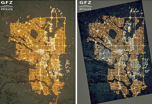 NASA photographs of Calgary in Canada taken in 2010, (left), where residential areas are mainly lit by orange sodium lamps; and on November 27, 2015, (right), where many areas on the outskirts are newly lit compared to 2010, and many homes have switched from orange sodium lamps to white LED lamps.