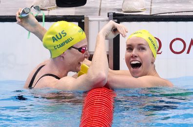 Emma McKeon is congratulated by teammate Cate Campbell after winning gold medal in the Women's 100m Freestyle Final female friendship.