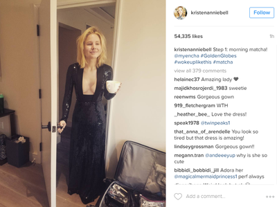 <p>'Step one - morning matcha', declared Kristen Bell on her Instagram account. Fans loved her dress but were a little concerned about how tired she looked. Hello! This is pre-makeup people.</p>
<p>Image: <em>Instagram</em>/@kristenanniebell</p>