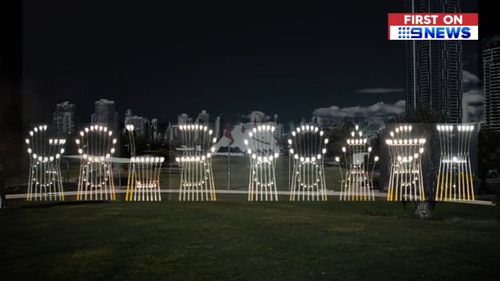 A barely readable sign "Gold Coast" sign at Yatala, nicknamed 'Hi Lights', has been widely criticised since being built before this year's Commonwealth Games on the Gold Coast. Picture: 9NEWS