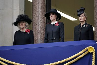 (left to right) The Duchess of Cornwall, the Duchess of Cambridge and the Countess of Wessex on the balcony at the Remembrance Sunday service at the Cenotaph, in Whitehall, London. Picture date: Sunday November 14, 2021. PA Photo. See PA story MEMORIAL Remembrance. Photo credit should read: Aaron Chown/PA Wire