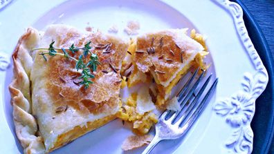 Cheddar, pumpkin and bacon pie