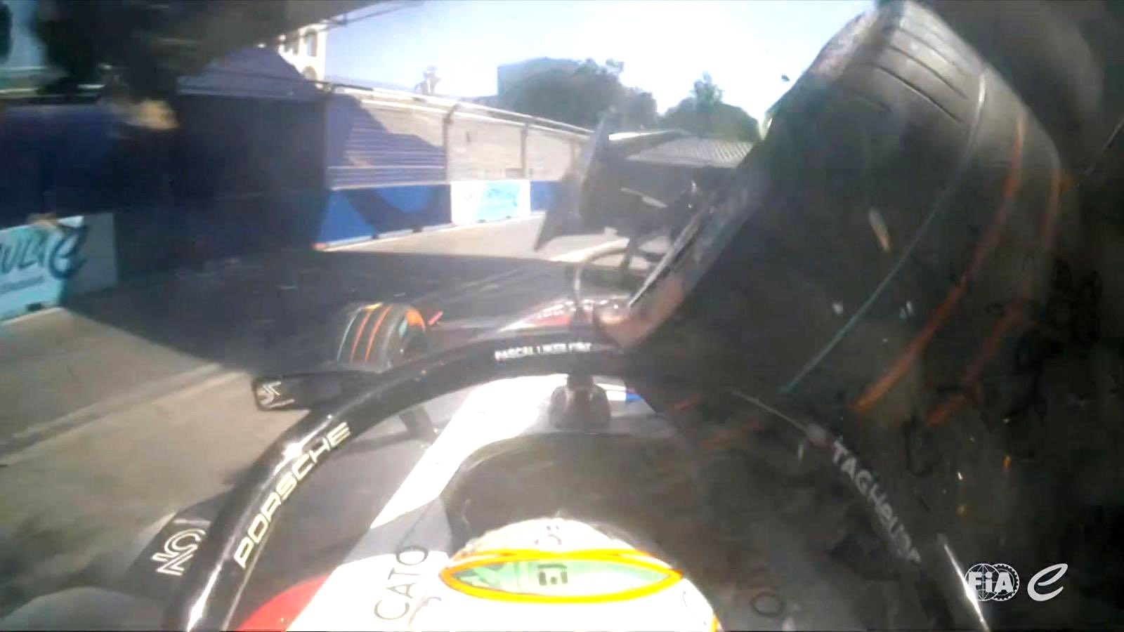 The left rear wheel of Sebastien Buemi&#x27;s car on top of Antonio Felix Da Costa&#x27;s halo.