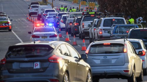 Queues at the border as NSW Police stop traffic from Victoria to check their permits earlier this month.