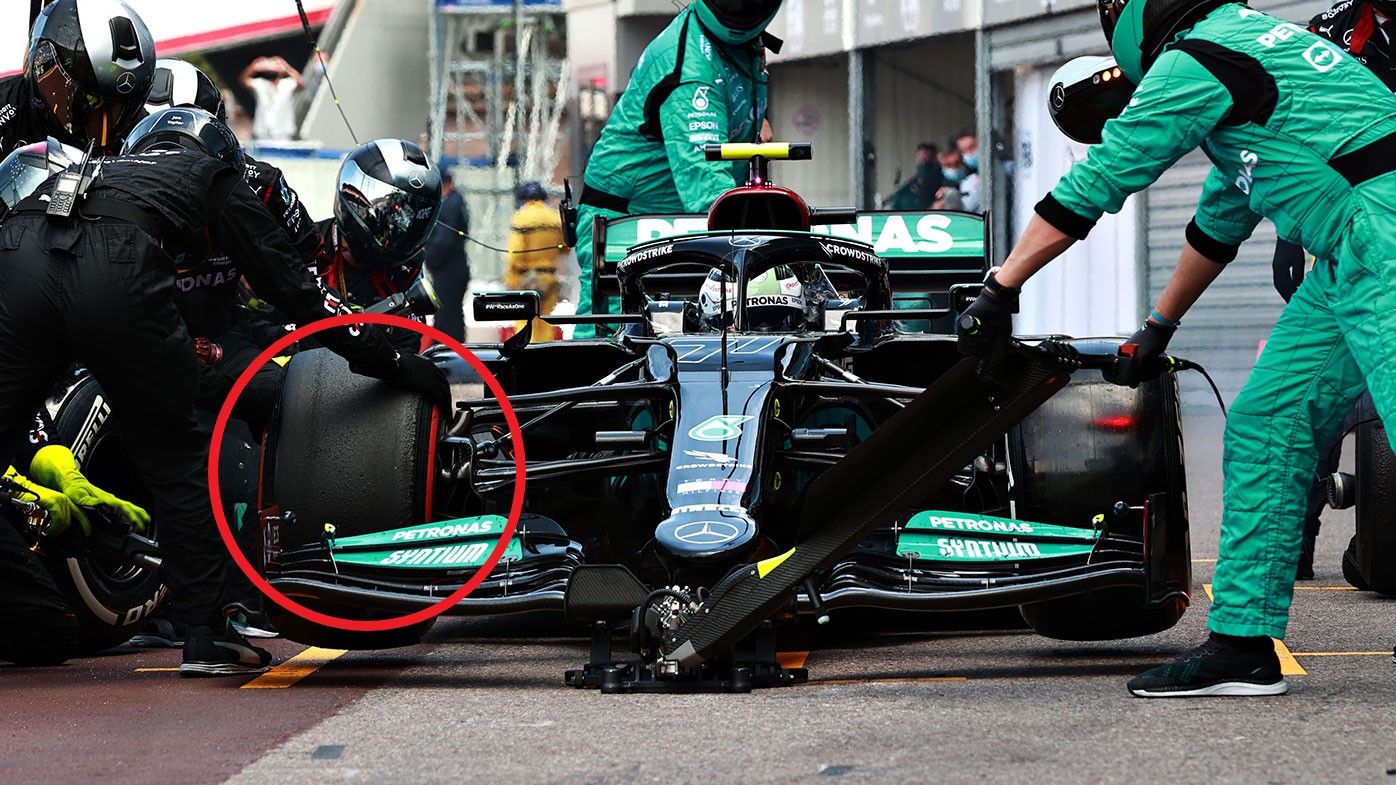 Valtteri Bottas is forced out of the Monaco Grand Prix after the front right tyre becomes stuck.