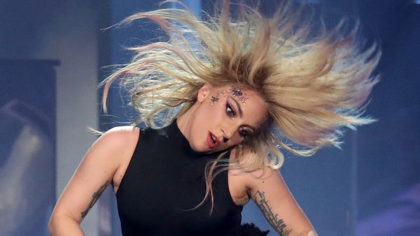 Lady Gaga performing at Coachella with her signature blonde locks. Image: Getty