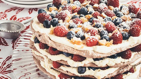 Chocolate macadamia pavlova stack