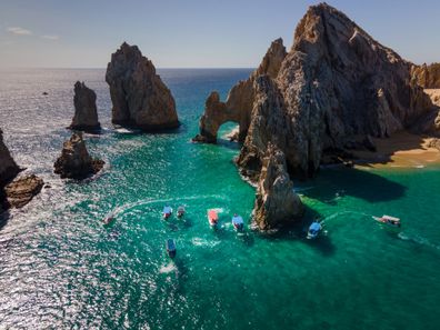 Aerial view of the famous Arch of Cabo San Lucas in Mexico