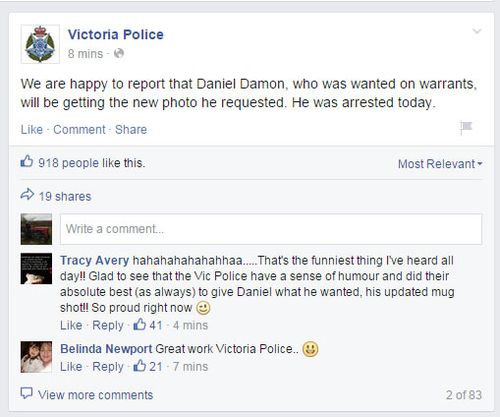 Today Victoria Police announced the arrest on Facebook. 