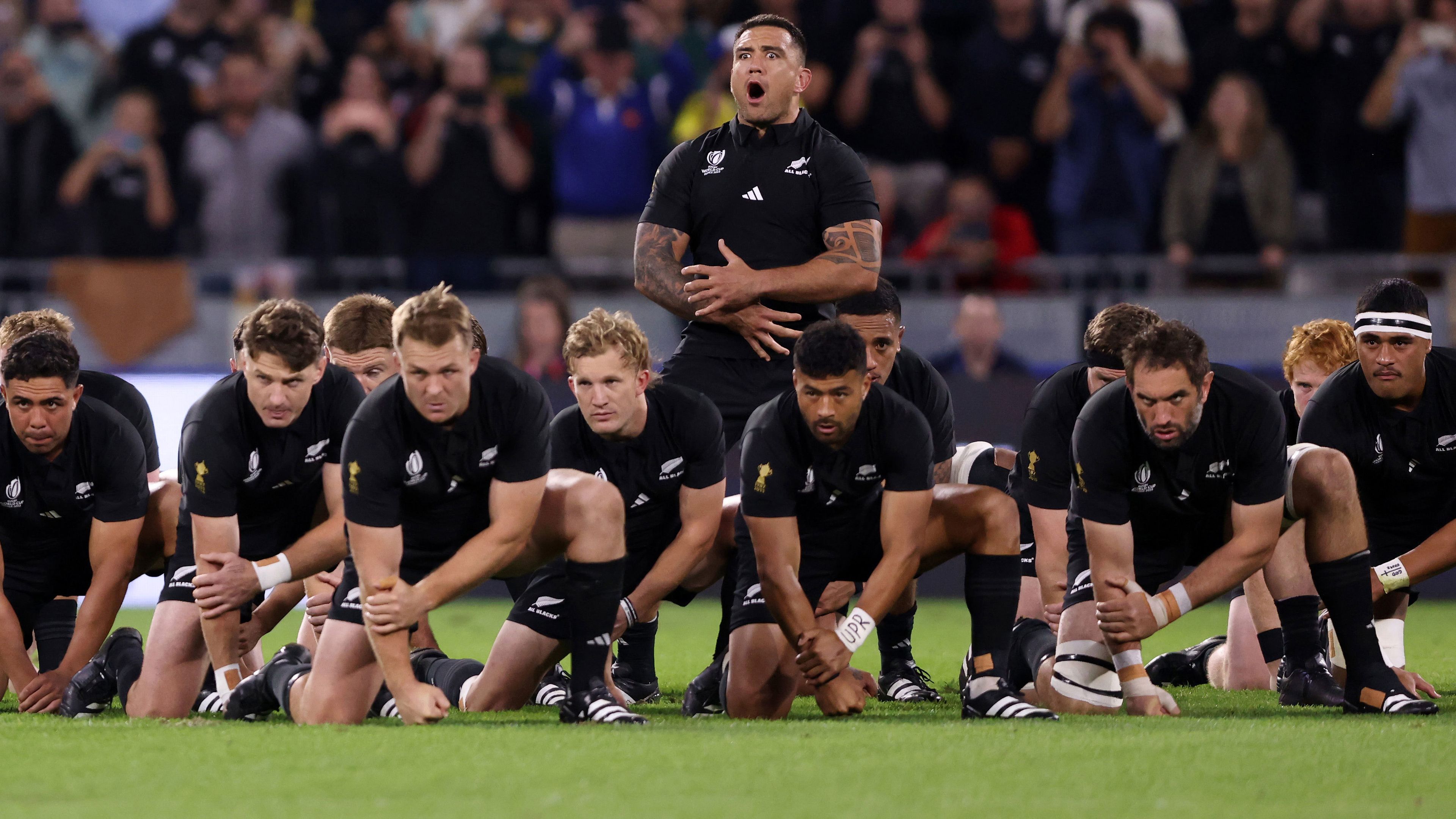 Codie Taylor of New Zealand leads the Haka during the Rugby World Cup 2023 match between the All Blacks and Uruguay at Parc Olympique on October 05, 2023 in Lyon, France. 