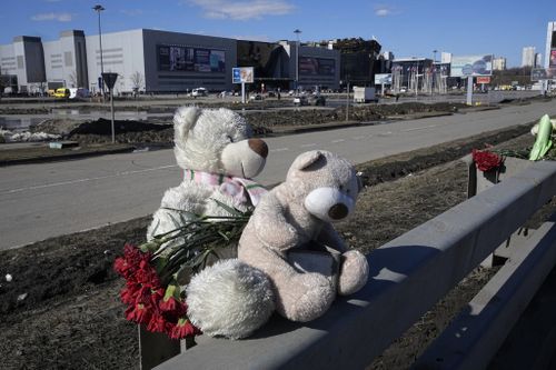 Toys and flowers in front of Crocus City Hall in the western suburbs of Moscow, Russia, Wednesday, March 27, 2024.