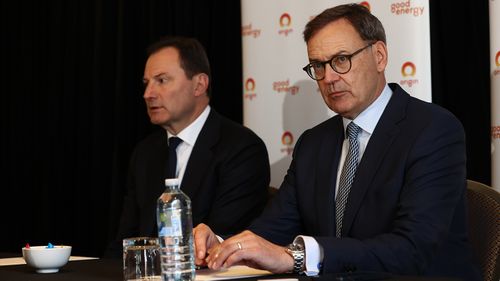 Origin Energy CEO Frank Calabria and Origin Energy Chairman Scott Perkins speak to the media after Brookfield's bid was rejected at a meeting held at the Shangri-La Hotel in Sydney.