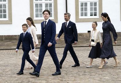 Crown Prince Frederik, Crown Princess Mary, Prince Christian, Princess Isabella, Princess Josephine and Prince Vincent arrives to Prince Christians confirmation at Fredensborg Castle Church, Saturday May 15, 2021. The ceremony is private and with only 25 guests and are beeing presided by the Royal Confessor, Bishop Henrik Wigh-Poulsen.