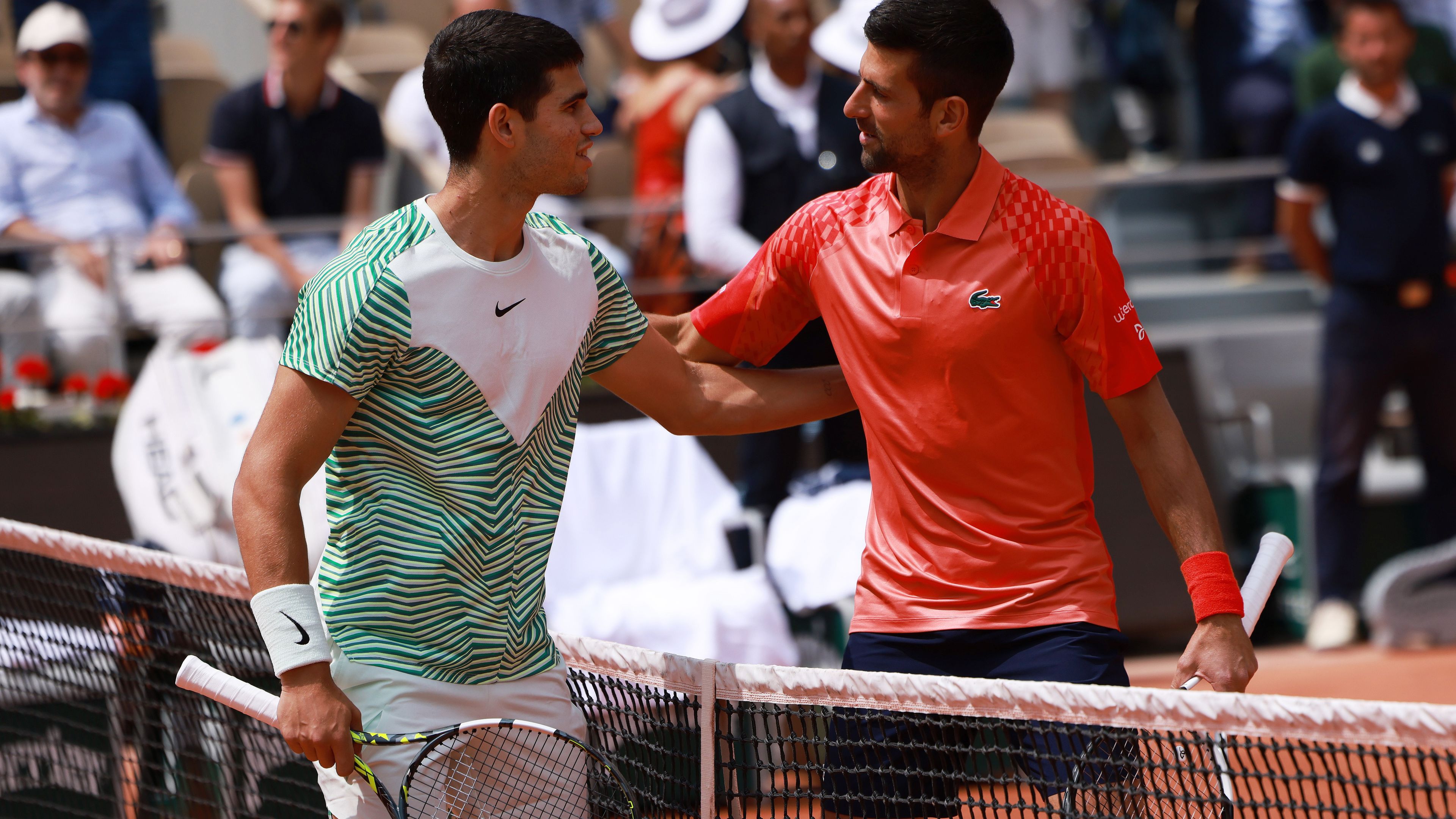 Novak Djokovic R of Serbia greets Carlos Alcaraz of Spain prior to the men&#x27;s singles semifinals between Novak Djokovic of Serbia and Carlos Alcaraz of Spain at the French Open tennis tournament at Roland Garros in Paris, France, June 9, 2023. (Photo by Gao Jing/Xinhua via Getty Images)